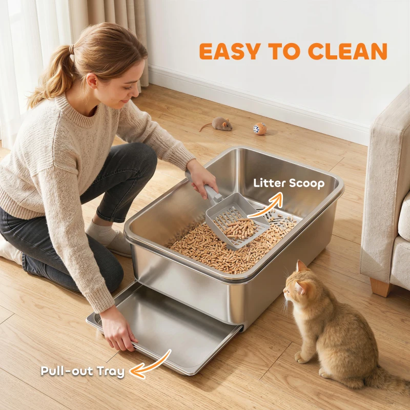PawHut Stainless Steel Litter Box, XL Sifting Cat Litter Box for Medium, Large Cat, Non-Sticky, Odour Free, Easy Clean, Silver