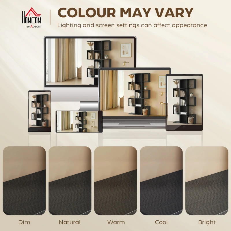 HOMCOM 5-Tier Bookshelf, S Shaped Geometric Bookcase with 15 Compartments, Black Wood Grain