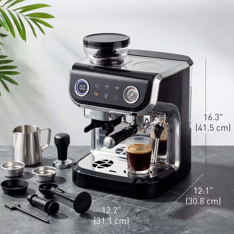 HOMCOM 15 Bar Coffee Maker Espresso Machine with Grinder Milk Frother Stainless Steel Espresso Maker for Cappuccino Latte Black