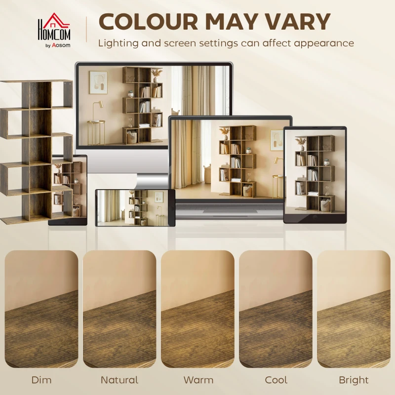 HOMCOM 5-Tier Bookshelf, S Shaped Geometric Bookcase with 15 Compartments, Rustic Brown