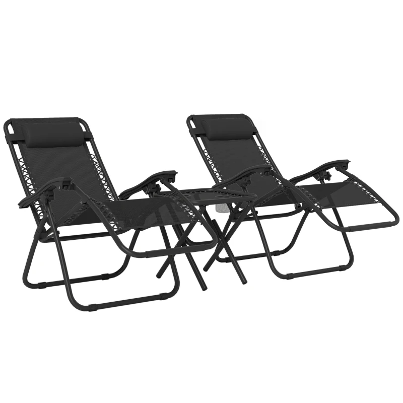 Outsunny Zero Gravity Chair Set of 2 Patio Chair with Side Table Cupholders and Pillows for Pool, Backyard, Lawn, Black