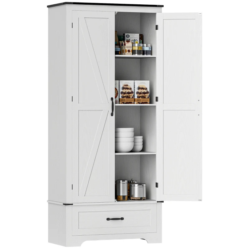 HOMCOM 72" Farmhouse Pantry Cabinet with Adjustable Shelves, Kitchen Pantry Cabinet with 2 Doors, White Wood Grain