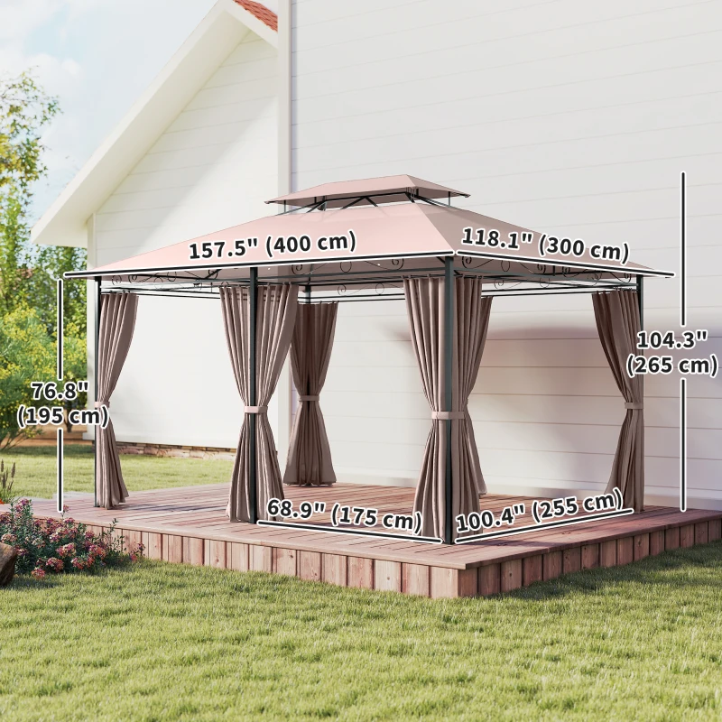 Outsunny 10' x 13' Patio Gazebo, Outdoor 2-Tiers Garden Canopy Yard Sunshade Shelter with Curtains, Khaki