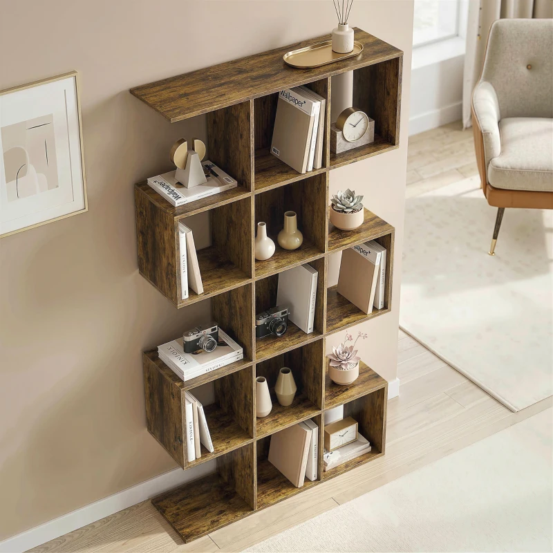 HOMCOM 5-Tier Bookshelf, S Shaped Geometric Bookcase with 15 Compartments, Rustic Brown