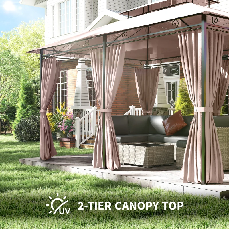 Outsunny 10' x 13' Patio Gazebo, Outdoor 2-Tiers Garden Canopy Yard Sunshade Shelter with Curtains, Khaki