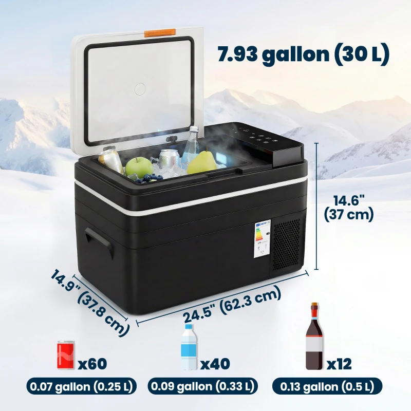 Outsunny 12 Volt Car Refrigerator, 32QT Car Fridge with App Control, 12/24V DC and 100-240V AC, Black