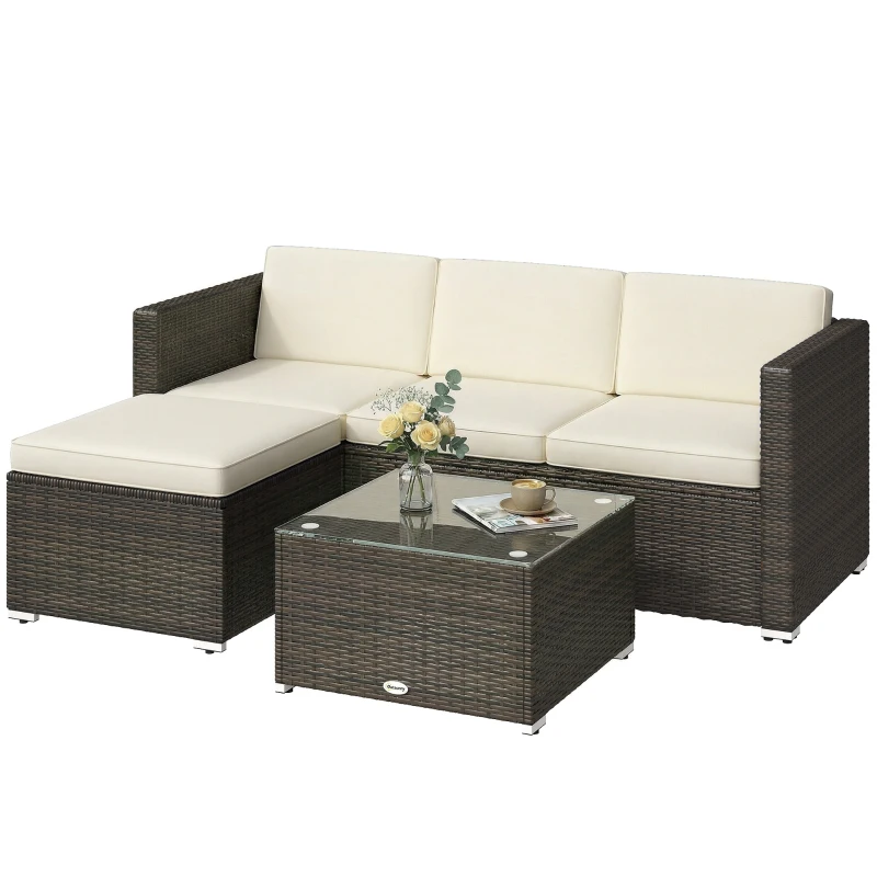 Outsunny 3 Pieces Patio Furniture Set with Cushions, Outdoor PE Rattan Wicker Conversation Corner Sofa Set with Glass Top Table and Adjustable Foot for Garden, Lawn, Cream White