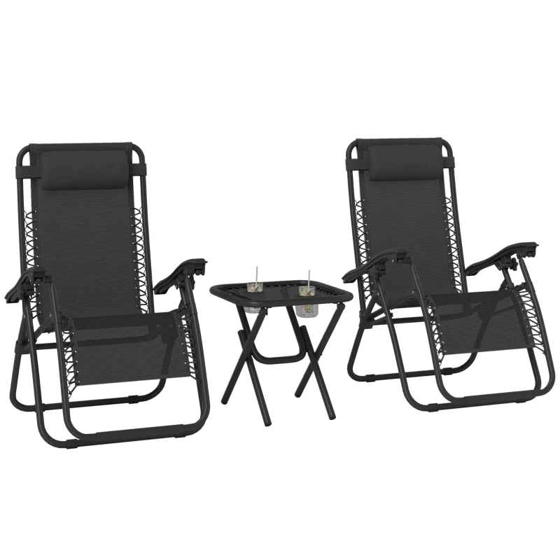 Outsunny Zero Gravity Chair Set of 2 Patio Chair with Side Table Cupholders and Pillows for Pool, Backyard, Lawn, Black