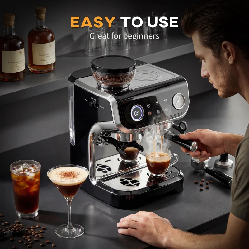 HOMCOM 15 Bar Coffee Maker Espresso Machine with Grinder Milk Frother Stainless Steel Espresso Maker for Cappuccino Latte Black