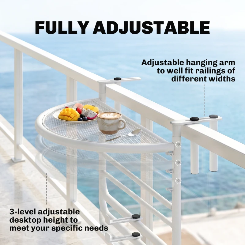 Outsunny Adjustable Balcony Hanging Railing Table, Metal Mounting Mini Wall Desk Storage Rack, Outdoor Flower Stand Serving Table Half Round, White