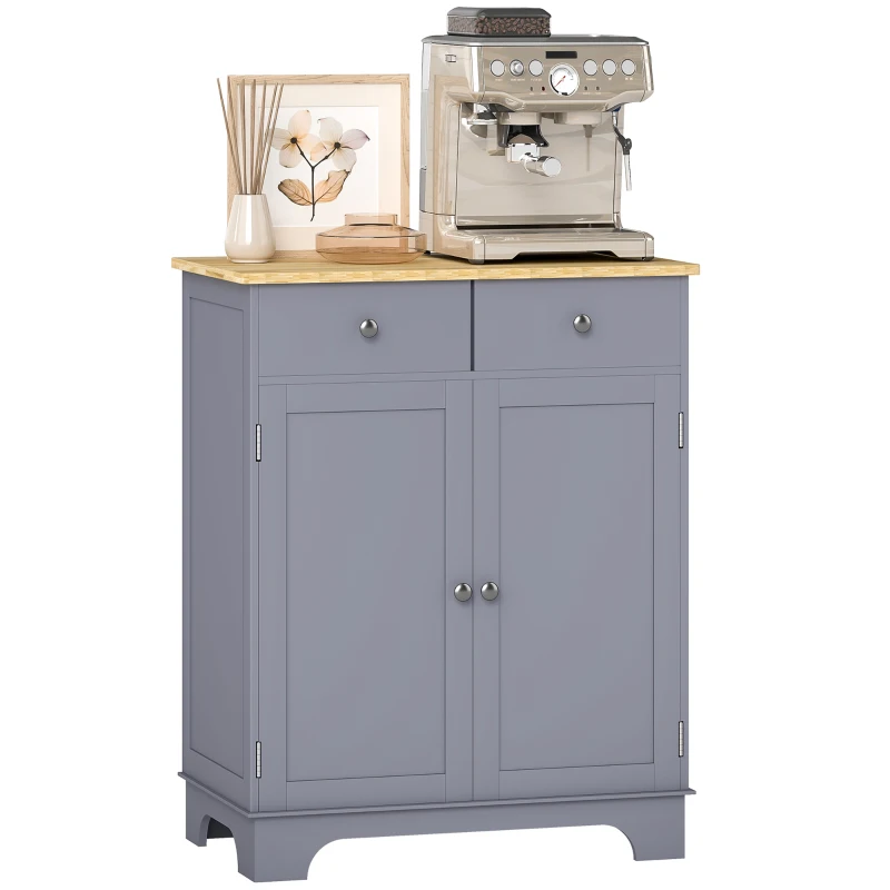 HOMCOM Kitchen Storage Cabinet, Sideboard Floor Cupboard with Solid Wood Top, Adjustable Shelf, and 2 Drawers, Gray