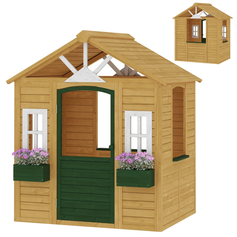 Qaba Outdoor Playhouse, Wooden Kids Playhouse with Door, 3 Windows, 2 Flower Boxes for Garden, Indoor Playroom, Ages 3–8