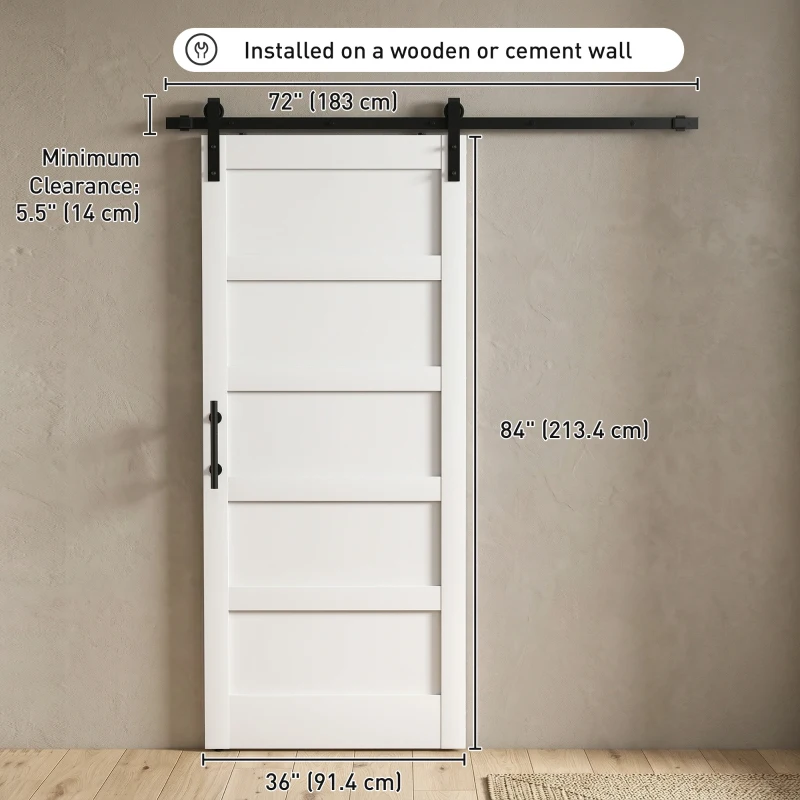 HOMCOM 36"x84" Sliding Barn Door with Hardware Kit, Shaker Style Sliding Door with Handle, Track, Floor Guide, White Wood Grain