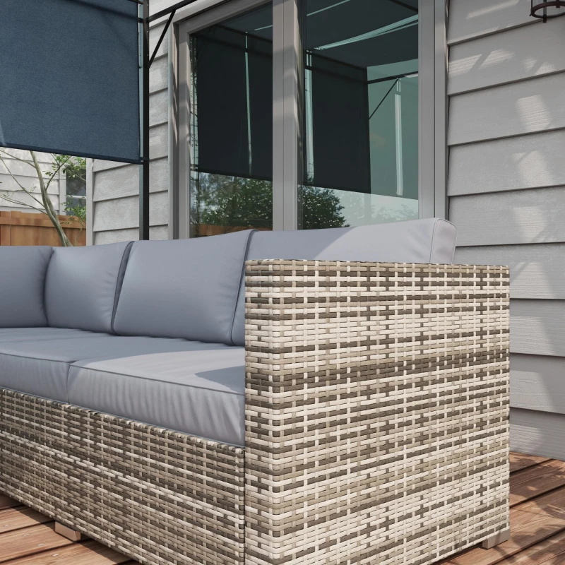 Outsunny 4 Pieces Rattan Wicker Outdoor Conversation Furniture Set w/ Corner Sofa Loveseats Coffee Table Cushions, Grey
