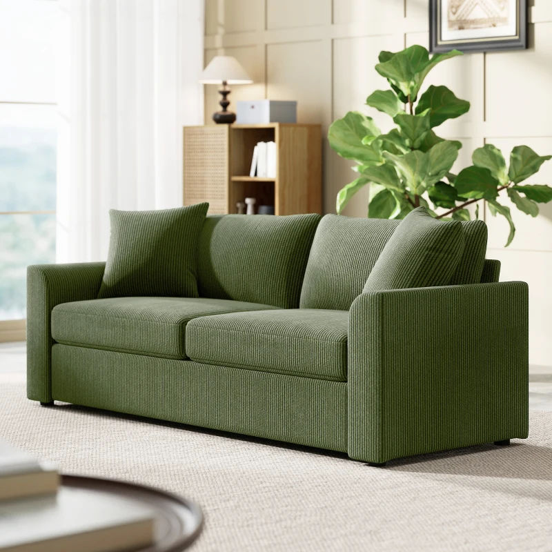HOMCOM 3 Seater Sofa, 83.5" Modern Upholstered Couch with Pocket Spring and 2 Scatter Cushions for Living Room, Green