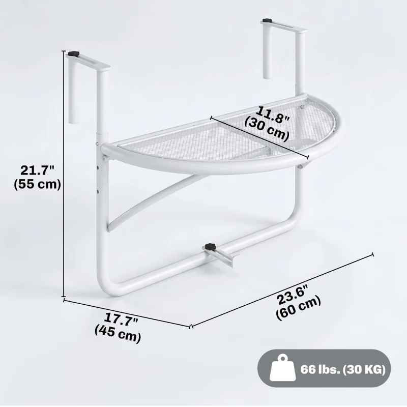Outsunny Adjustable Balcony Hanging Railing Table, Metal Mounting Mini Wall Desk Storage Rack, Outdoor Flower Stand Serving Table Half Round, White