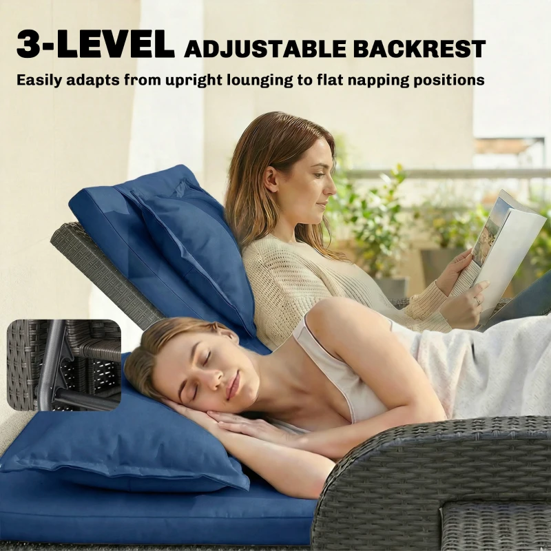 Outsunny Patio Rattan Daybed, Wicker Outdoor Daybed with Storage Ottoman, Loveseat w/ Adjustable Backrest, Side Tables, Navy Blue