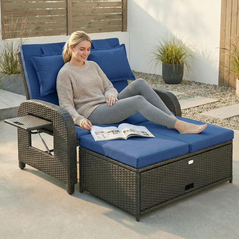 Outsunny Patio Rattan Daybed, Wicker Outdoor Daybed with Storage Ottoman, Loveseat w/ Adjustable Backrest, Side Tables, Navy Blue