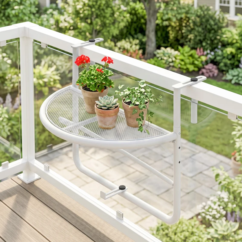 Outsunny Adjustable Balcony Hanging Railing Table, Metal Mounting Mini Wall Desk Storage Rack, Outdoor Flower Stand Serving Table Half Round, White