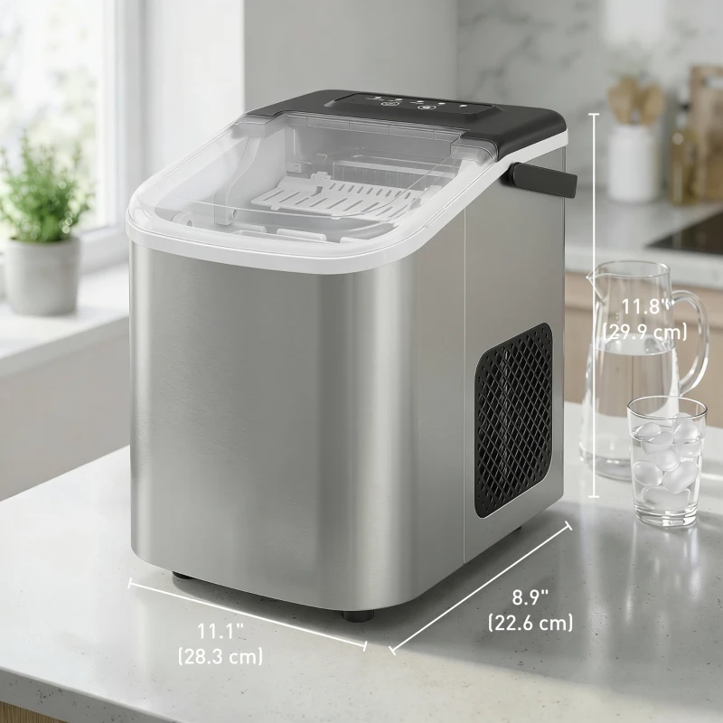 HOMCOM Portable Ice Maker Countertop, Self-Cleaning Ice Machine with 2 Bullet Ice Sizes, Ice Scoop, Silver