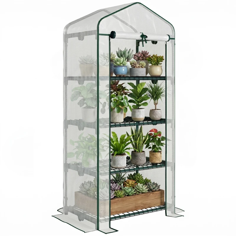 Outsunny Portable Greenhouse Outdoor Hot House with 4 Tier Shelves, Steel Frame, PE Cover, 28" x 20" x 63" , White
