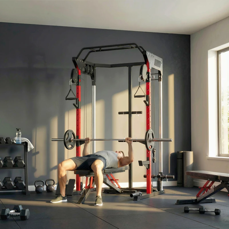 Soozier Power Cage, Power Rack with Adjustable Cable Pulley System, Pull-Up Bar, Dip Station, Landmine