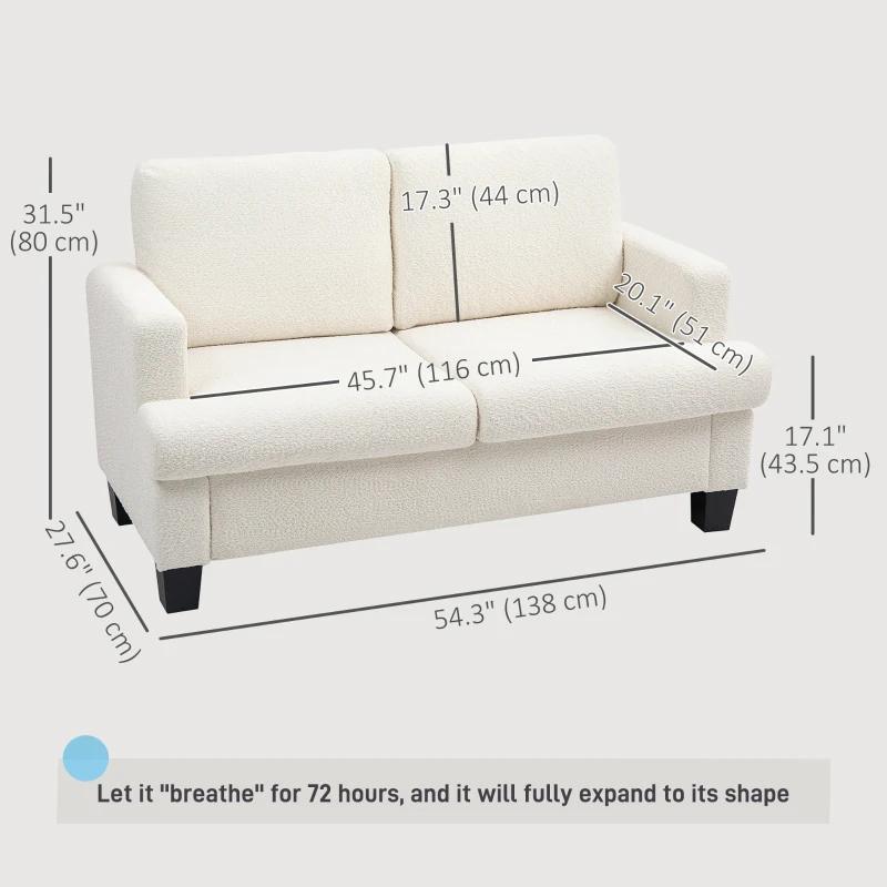 HOMCOM 54.3" Loveseat Sofa, 2 Seater Sofa with Removable Cushions, Small Couch with Wood Frame for Living Room, Cream White