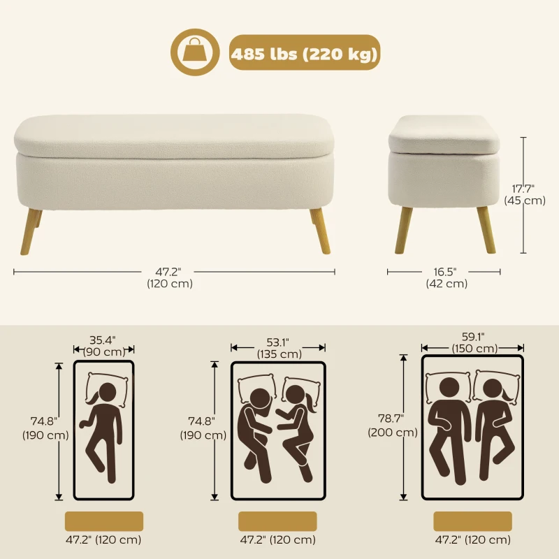 HOMCOM 47 Inches Storage Ottoman Bench, End of Bed Bench, Upholstered Teddy Fleece Storage Chest for Living Room, Beige
