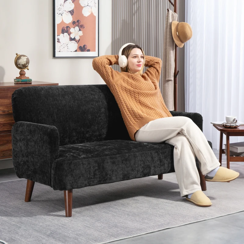 HOMCOM Velvet Feel Fabric 2 Seater Sofa, Small Sofa Loveseat with 8.3" Thick Padding and Wood Legs, Black