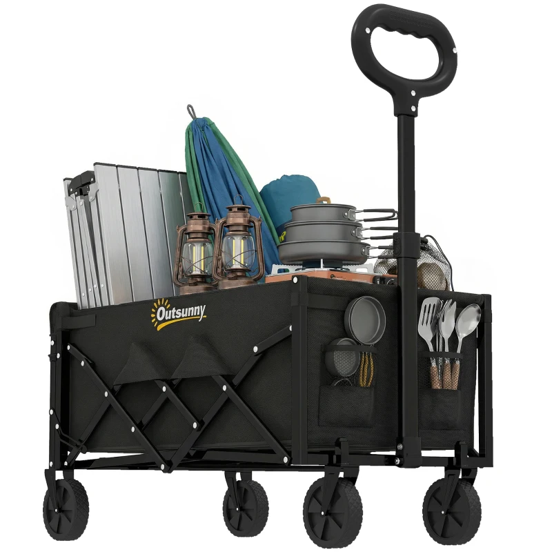 Outsunny 16 Gallon Folding Wagon Cart with Wheels, Heavy-Duty Collapsible Wagon with Drop-Down Tailgate, Black