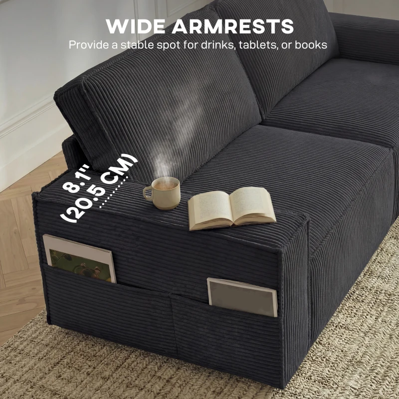 HOMCOM 86" 3 Seater Sofa, Modern Corduroy Upholstered Couch, Dark Grey