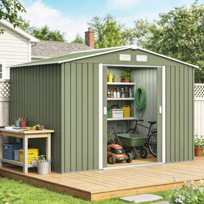 Outsunny 9' x 6' Outdoor Storage Shed, Garden Tool Metal Shed with Foundation Kit, Double Lockable Door, Air Vents and Sloping Roof, for Backyard, Patio, Lawn, Green
