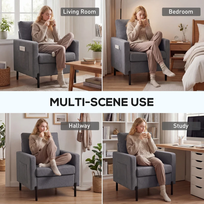 HOMCOM Accent Chair Modern Upholstered Armchair with Side Pockets and Cushion for Bedroom, Living Room, Dark Grey