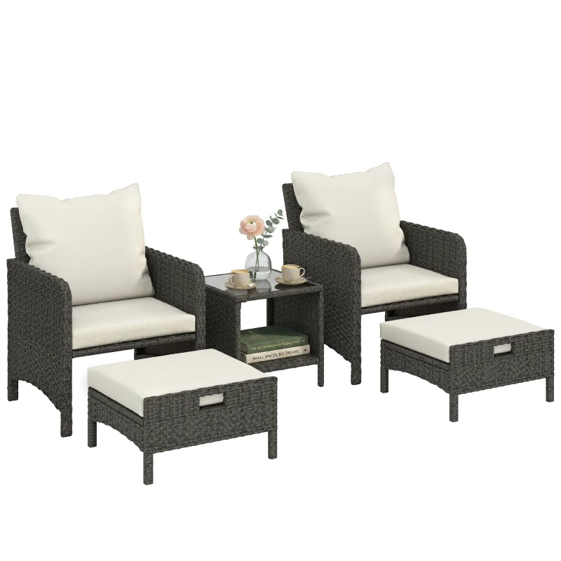 Outsunny 5 Piece Patio Furniture Set, Wicker Outdoor Furniture Set, 23.6" Seat, Ottomans, Glass Table, Cushions, Beige