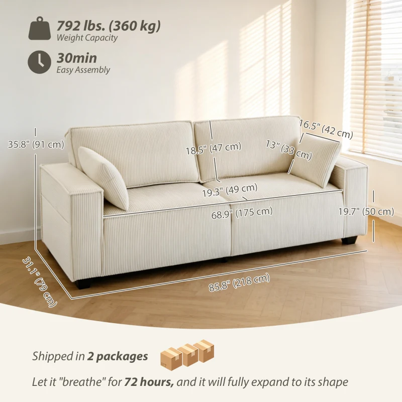 HOMCOM 86" 3 Seater Sofa, Modern Corduroy Upholstered Couch, Beige