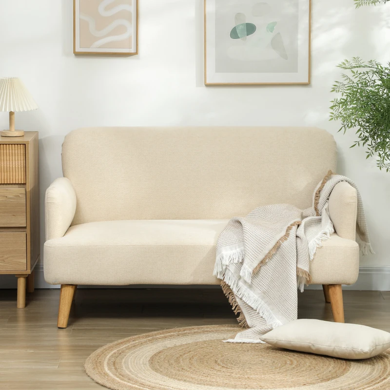 HOMCOM Velvet Feel Fabric 2 Seater Sofa, Small Sofa Loveseat with 8.3" Thick Padding and Wood Legs, Cream White