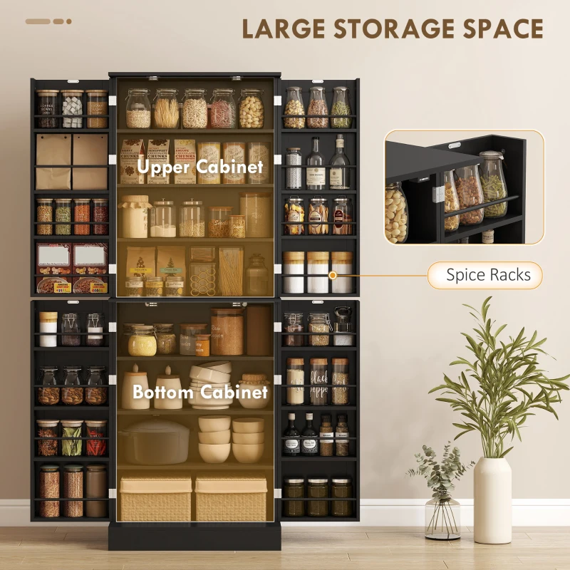 HOMCOM 65" Kitchen Cabinet, Kitchen Pantry Cabinet with 4 Doors and 16 Door Shelves for Dining Room, Black