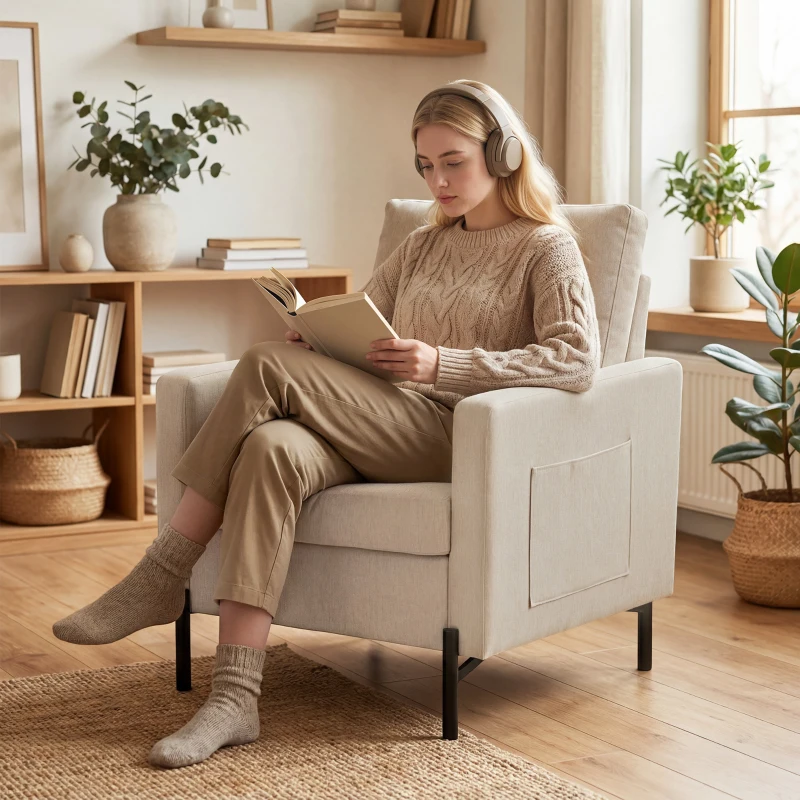 HOMCOM Accent Chair Modern Upholstered Armchair with Side Pockets and Cushion for Bedroom, Living Room, Beige