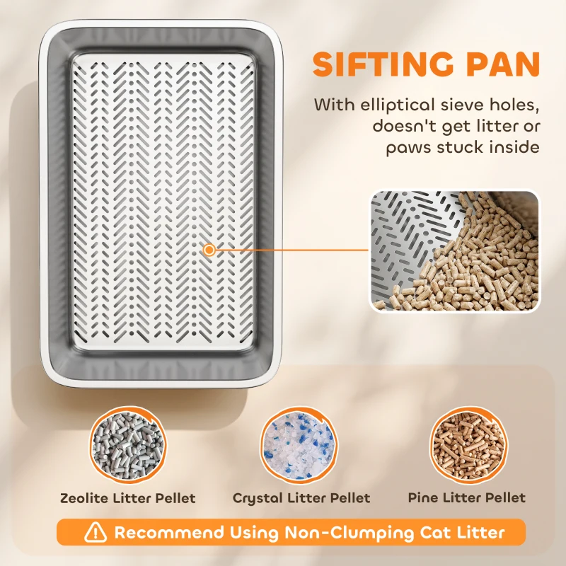 PawHut Stainless Steel Litter Box, XL Sifting Cat Litter Box for Medium, Large Cat, Non-Sticky, Odour Free, Easy Clean, Silver