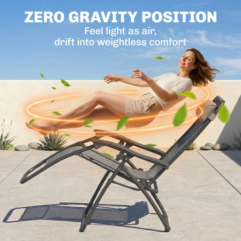 Outsunny Zero Gravity Chair Set of 2 Patio Chair with Side Table Cupholders and Pillows for Pool, Backyard, Lawn, Beach, Grey