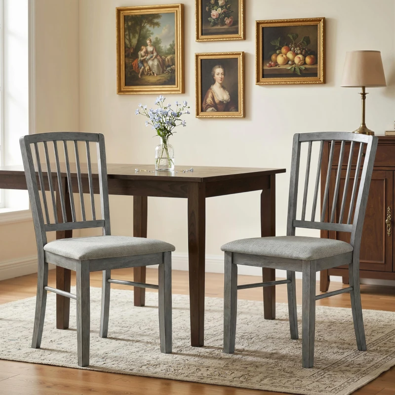 HOMCOM Dining Chairs Upholstered Kitchen Chairs with Rubberwood Legs Set of 2, Rustic Gray