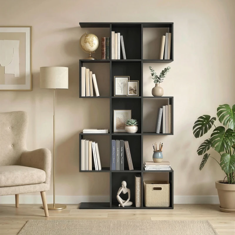 HOMCOM 5-Tier Bookshelf, S Shaped Geometric Bookcase with 15 Compartments, Black Wood Grain