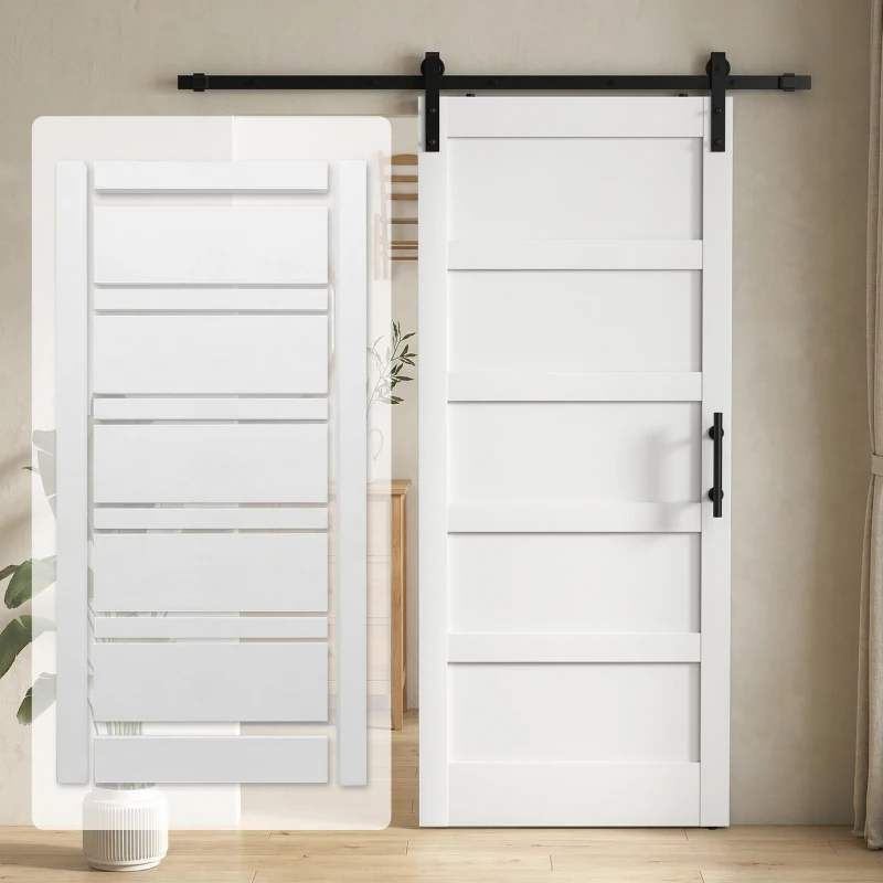 HOMCOM 36"x84" Sliding Barn Door with Hardware Kit, Shaker Style Sliding Door with Handle, Track, Floor Guide, White Wood Grain