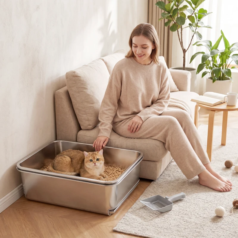 PawHut Stainless Steel Litter Box, XL Sifting Cat Litter Box for Medium, Large Cat, Non-Sticky, Odour Free, Easy Clean, Silver