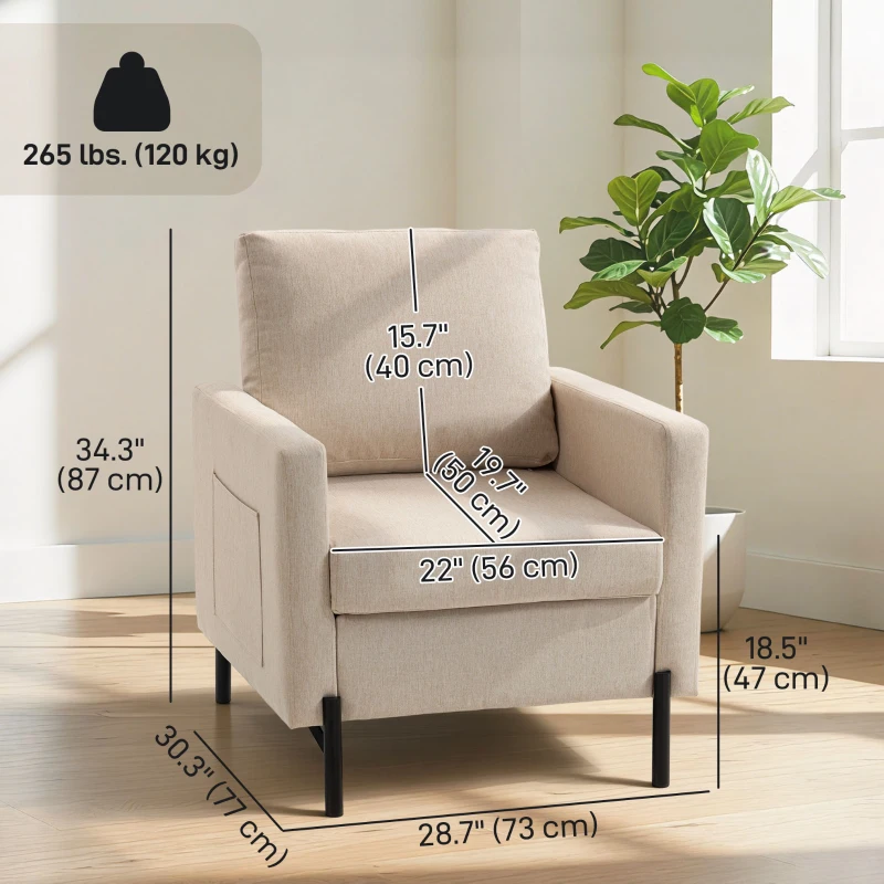 HOMCOM Accent Chair Modern Upholstered Armchair with Side Pockets and Cushion for Bedroom, Living Room, Beige