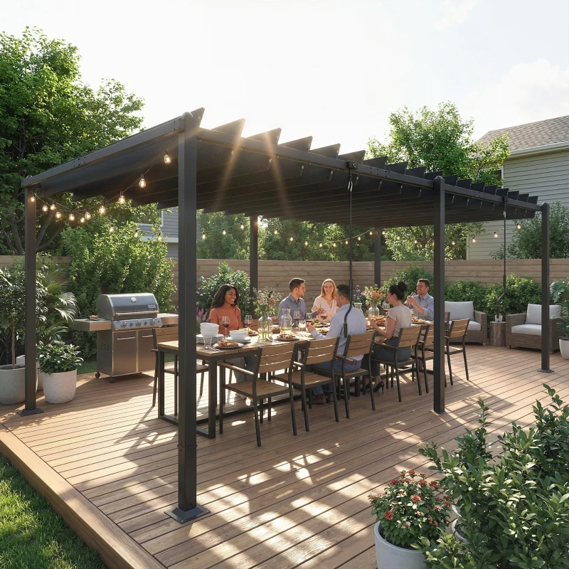 Outsunny 10' x 19' Louvered Pergola with UPF50+ Adjustable Roof and Aluminum Frame, Outdoor Pergola Gazebo, Dark Grey