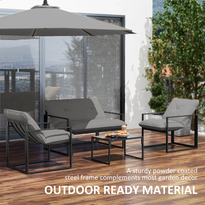 Outsunny 4 Piece Outdoor Furniture Set, Patio Conversation Set with Tempered Glass Table, Loveseat, 2 Chairs and Cushions, Grey