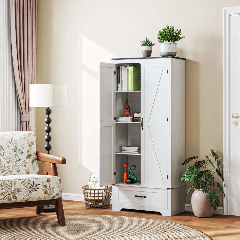 HOMCOM 72" Farmhouse Pantry Cabinet with Adjustable Shelves, Kitchen Pantry Cabinet with 2 Doors, White Wood Grain