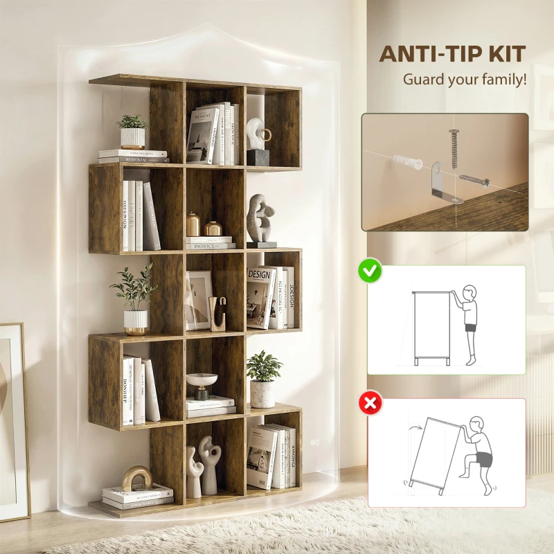 HOMCOM 5-Tier Bookshelf, S Shaped Geometric Bookcase with 15 Compartments, Rustic Brown