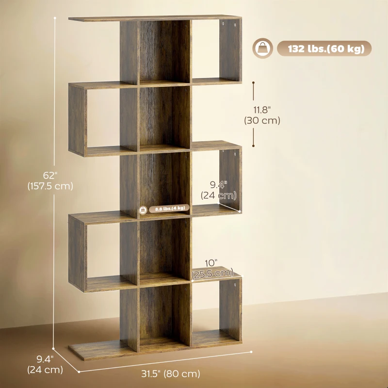 HOMCOM 5-Tier Bookshelf, S Shaped Geometric Bookcase with 15 Compartments, Rustic Brown